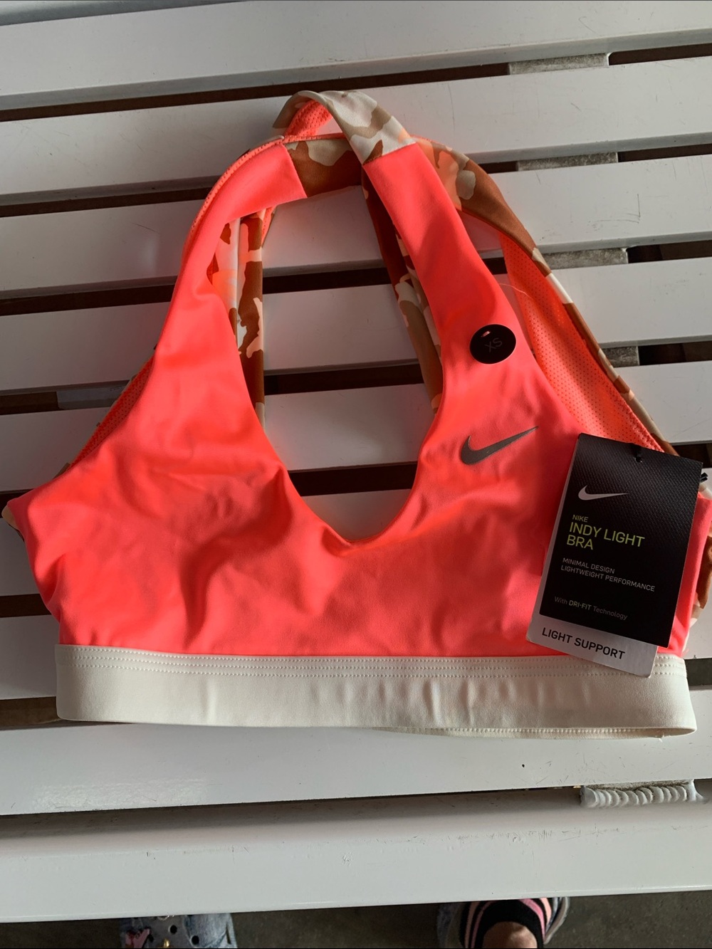 Nike Neon Coral Sports Bra with Cream Band and Camo Straps
